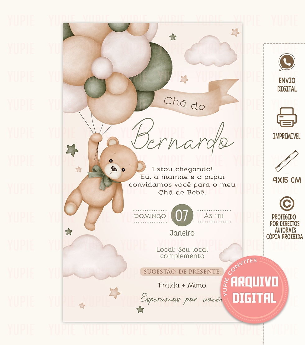 Convite Chá de Bebê Ursinho no Balão Verde