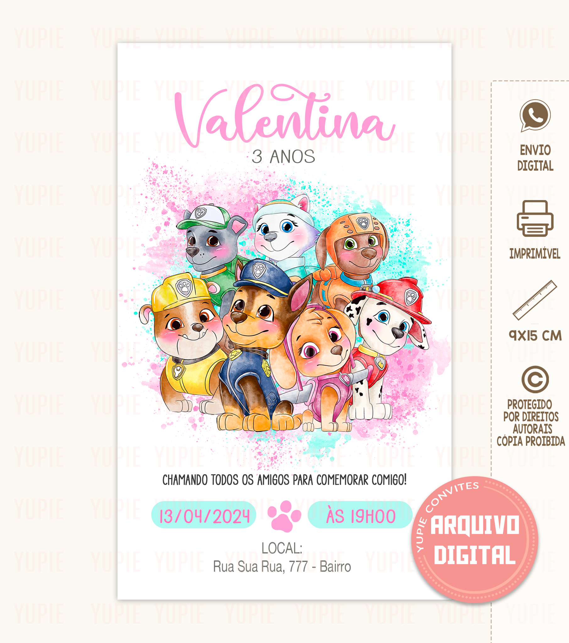 Convite Digital | Patrulha Canina Aquarela Rosa 04