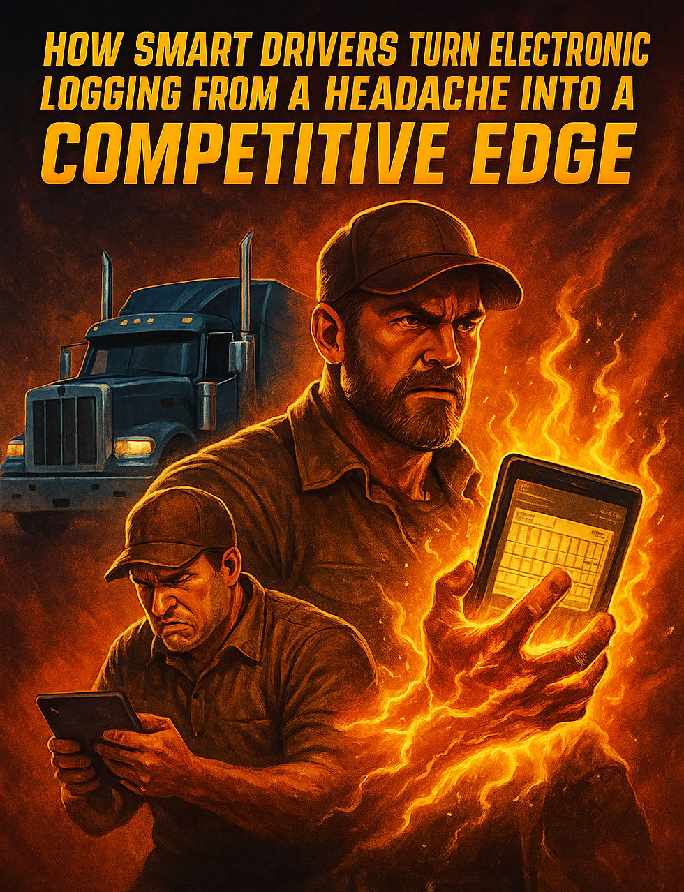 A truck driver holds a glowing tablet with logging graphs; intense expression. Background truck. Text: "Smart drivers turn a competitive edge."