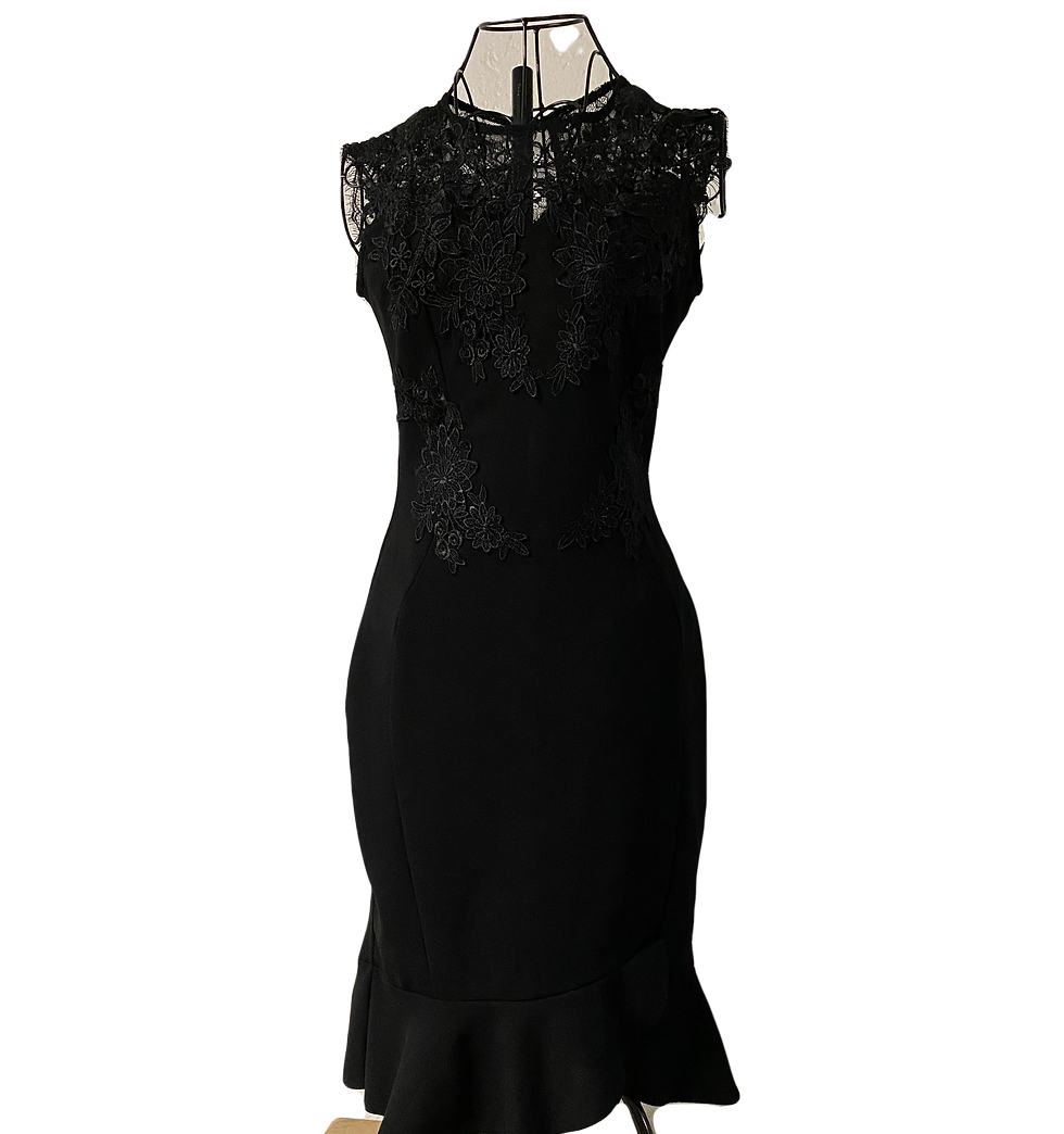 Thumbnail: Fitted Black Dress with Black Lace Collar