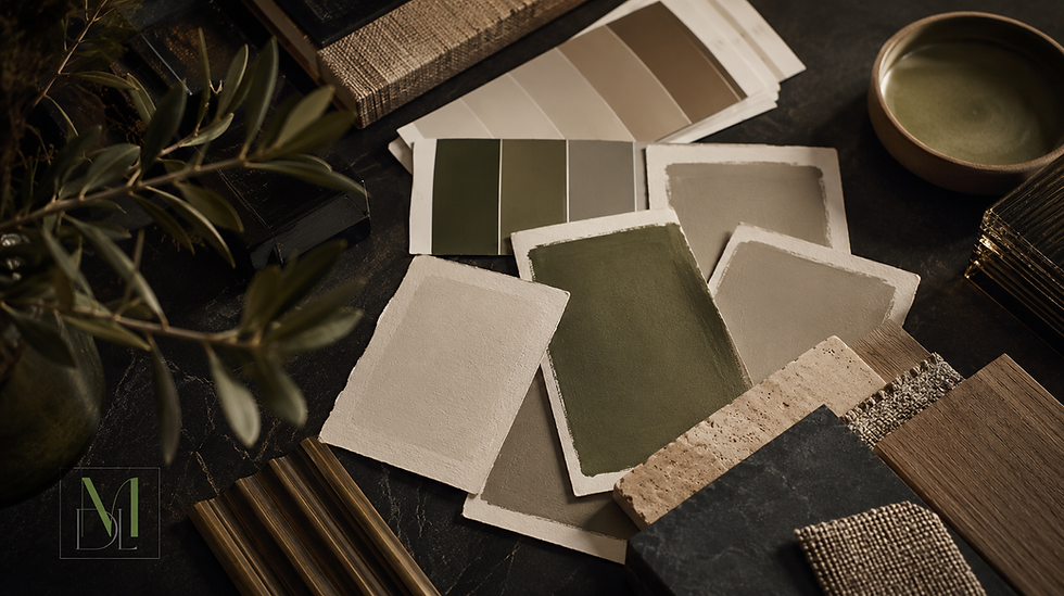 Neutral paint swatches and material samples on a dark tabletop, with olive leaves, a bowl, and ML logo in a calm mood.