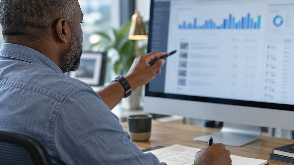 Business owner pointing at website performance data on a desktop monitor while taking notes, reviewing AI search visibility