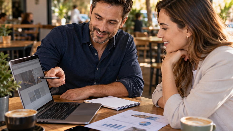 Web consultant showing a business owner her website on a laptop in a café, with a printed performance report on the table