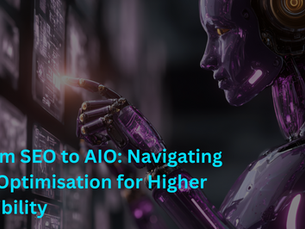 Futuristic AI robot interacting with digital data panels, with blog title 'From SEO to AIO: Navigating AI-Optimisation for Higher Visibility' overlayed.