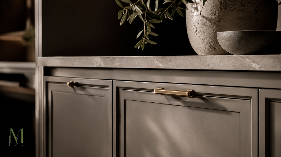 Elegant taupe cabinet with marble countertop, potted plant and bowl; MDL logo at bottom left in a moody interior.
