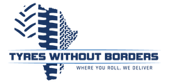Tyres Without Borders logo with dark blue tyre tread graphic and tagline "Across the soil we stand"