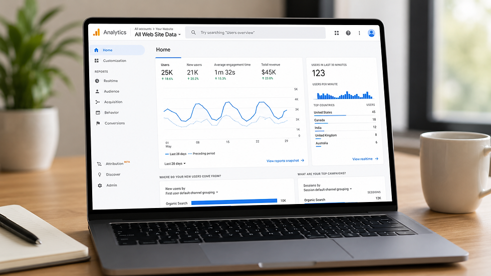 Laptop showing Google Analytics dashboard with charts and stats on a desk beside a mug and notebook.