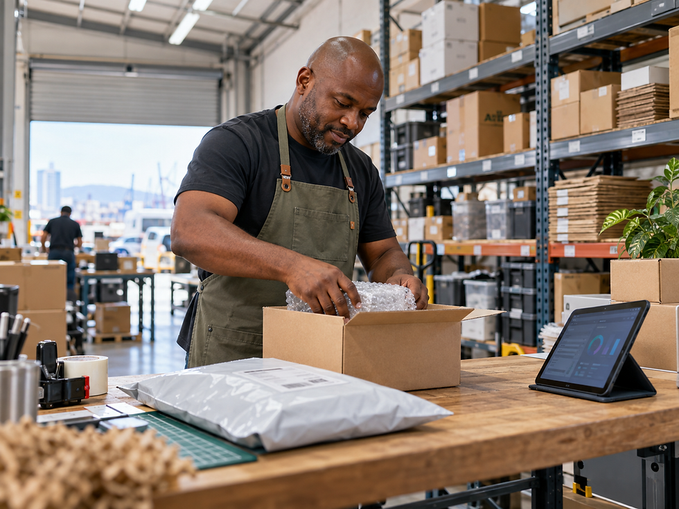 South African online store owner packing customer orders for local delivery