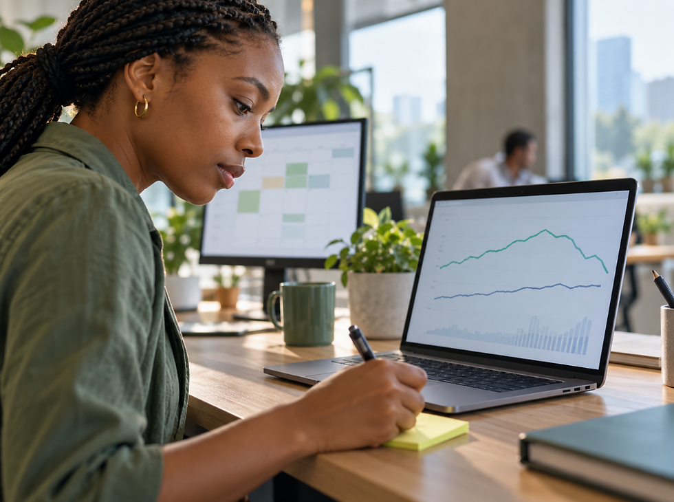 Woman comparing website ranking data on a laptop to check for a real Google ranking drop
