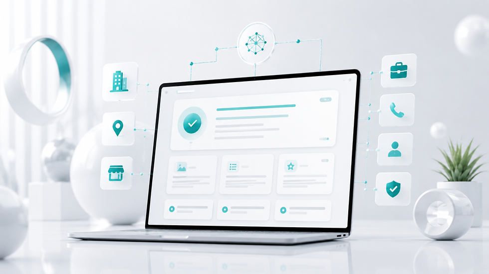 Laptop showing a teal business dashboard with checkmark, connected to building, location, store, briefcase, phone, user and shield icons