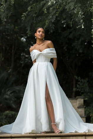 The Prestyn wedding dress, a-line, ballgown, floral organza, sweetheart neckline, detachable capped sleeves. basque waistline. wedding dress shop Farnham, surrey, guildford, hampshire.