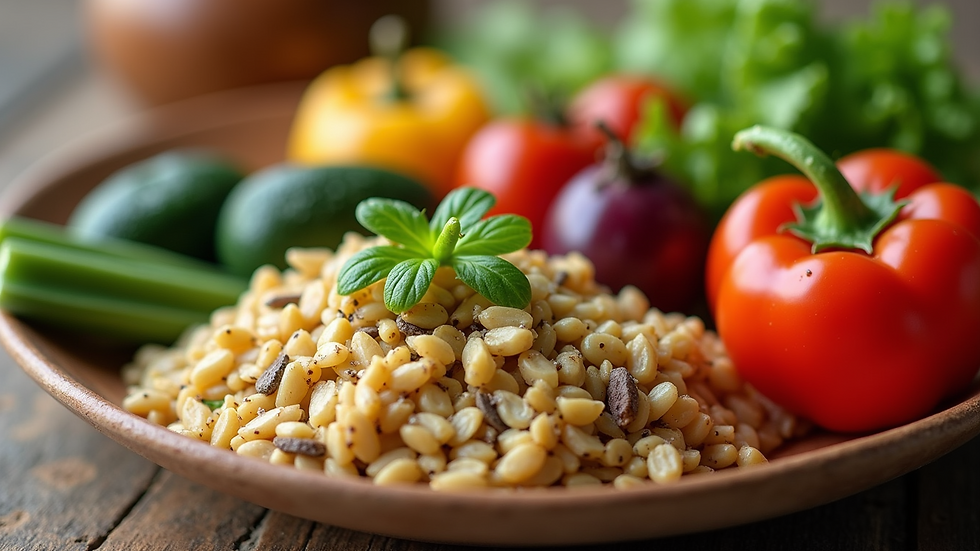 Close-up view of a healthy meal with fresh vegetables and grains