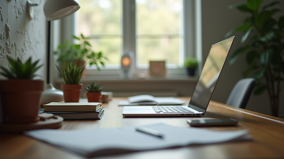 Eye-level view of a quiet workspace designed for self-improvement