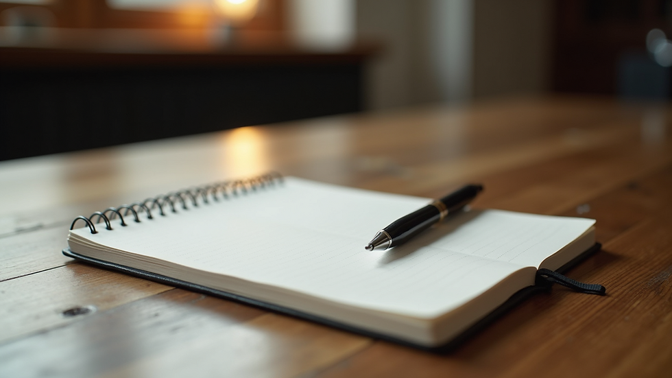 Close-up view of a journal and pen on a wooden table for emotional reflection