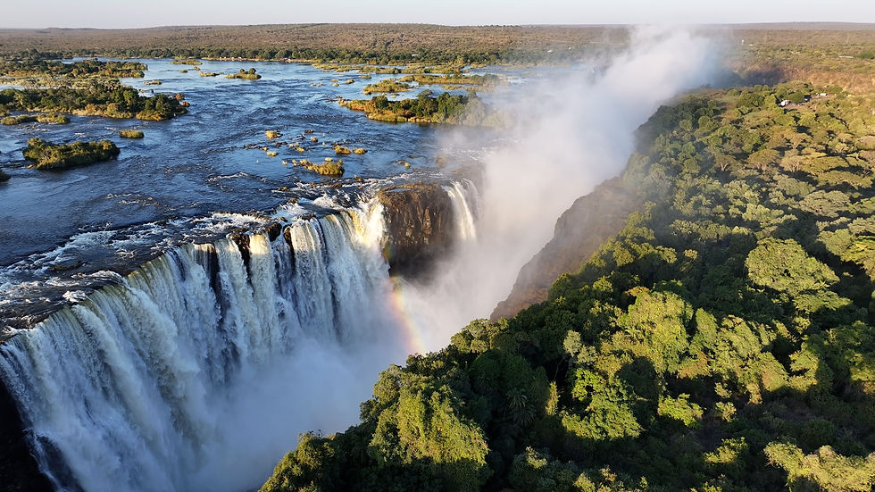 Victoria Falls from above, taken during a helicopter tour. Did you know that when you visit impacts which side of the falls you should stay on for the best viewing experience?
