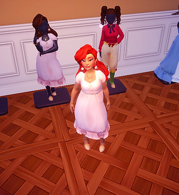 Garden_Girls_3_081624 A female avatar wears a baby pink cottage dress and Ariel's red hairstyle with pink floral pumps.