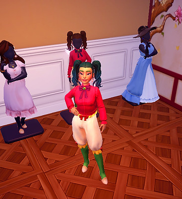 Garden_Girls_4_081624 Female avatar wears a whimsical outfit with a frilly, hot pink collared top and pants and green socks.