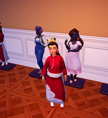 Garden_Girls_1_081624 A female avatar wears a red, Mulan-inspired ensemble with matching hairstyle from the game.