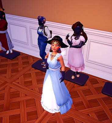Garden_Girls_5_081624 A female avatar wears a blue version of Cinderella's homemade, pink formal dress.