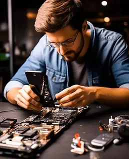 Technician working on a computer repair, focusing on hardware components.