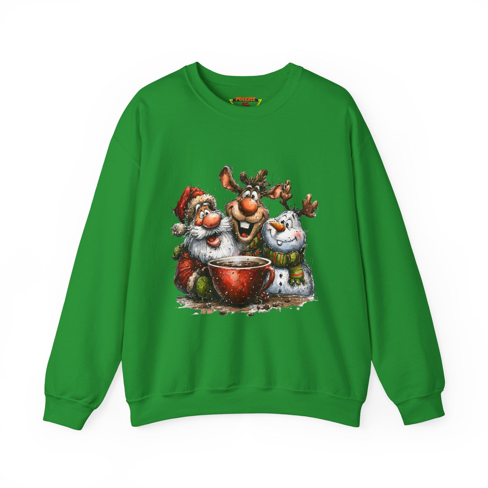 Christmas Cozy Crewneck Sweatshirt – Santa, Reindeer & Snowman Hot Cocoa Design