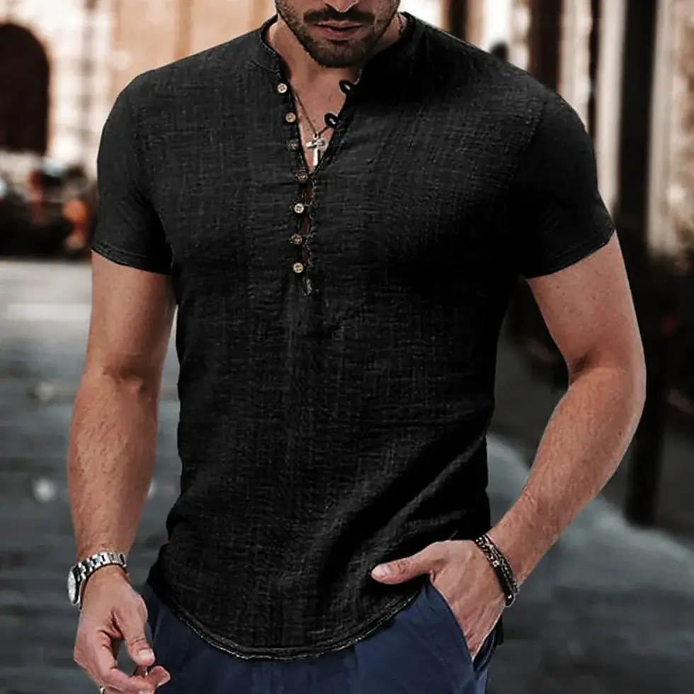 Thumbnail: New Men's Short Sleeve Tshirt v Neck Button Cotton Linen Shirt Men's Casual