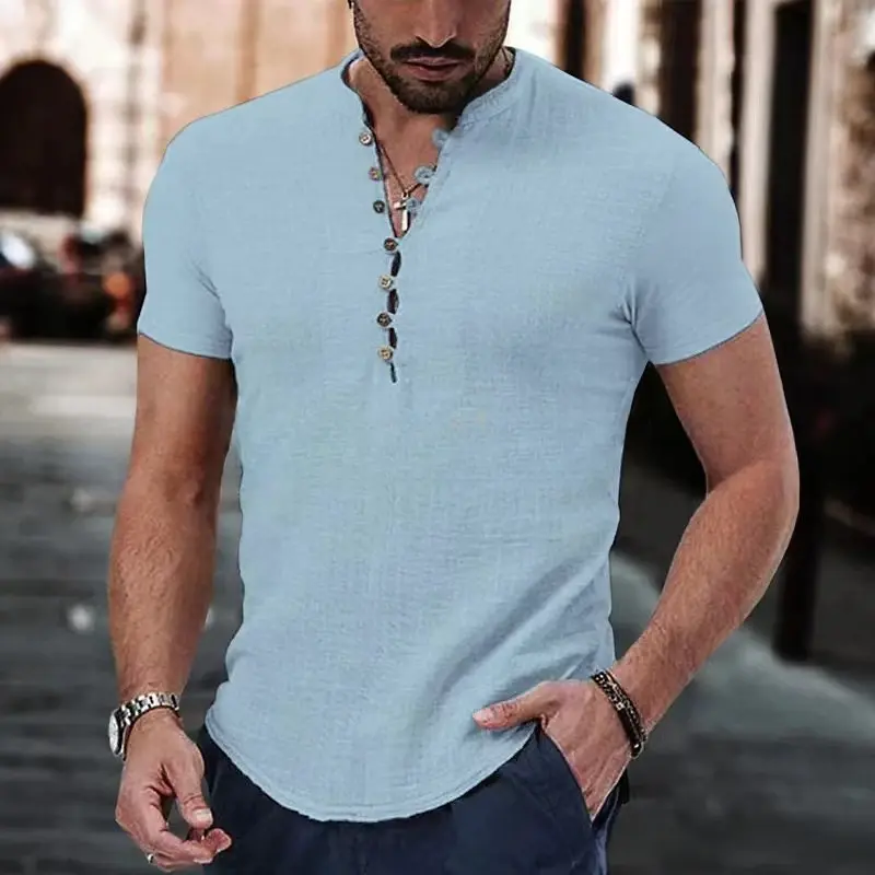 Thumbnail: New Men's Short Sleeve Tshirt v Neck Button Cotton Linen Shirt Men's Casual