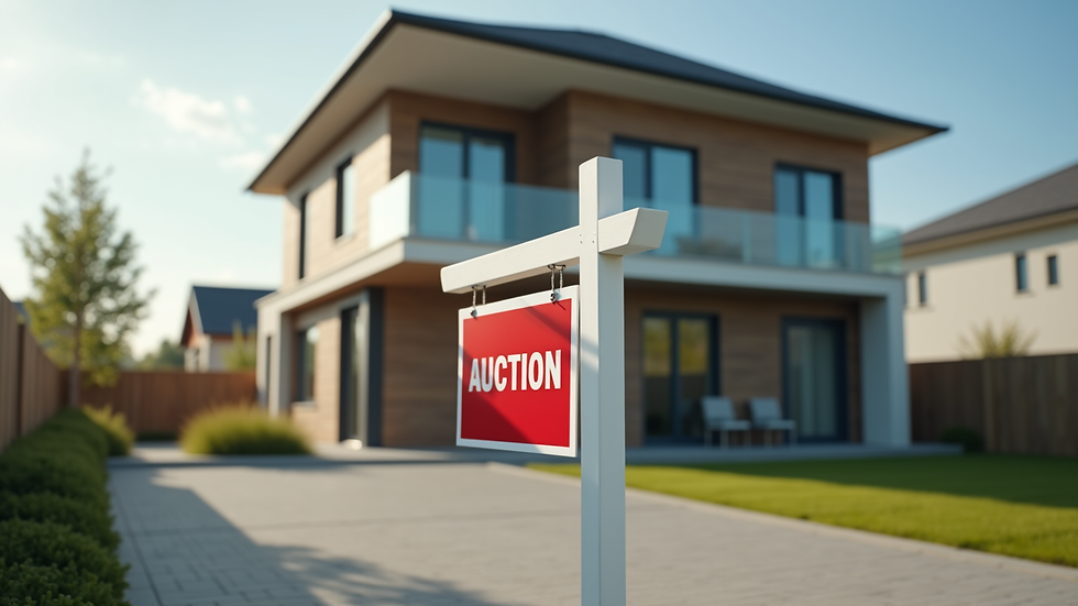 Eye-level view of a modern house with auction sign in front