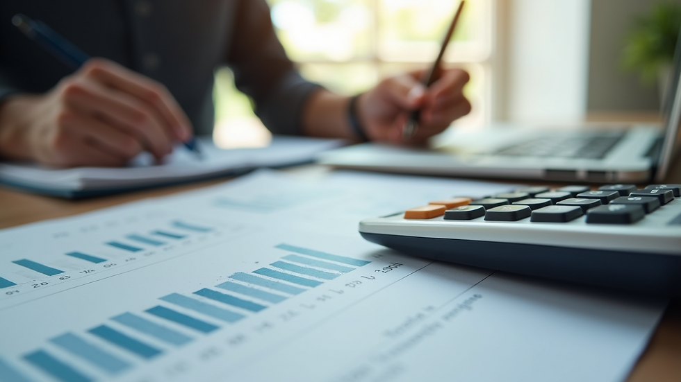 Close-up view of financial documents and calculator on a desk