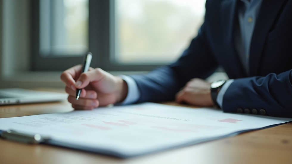 Close-up view of a businessperson reviewing commercial loan documents