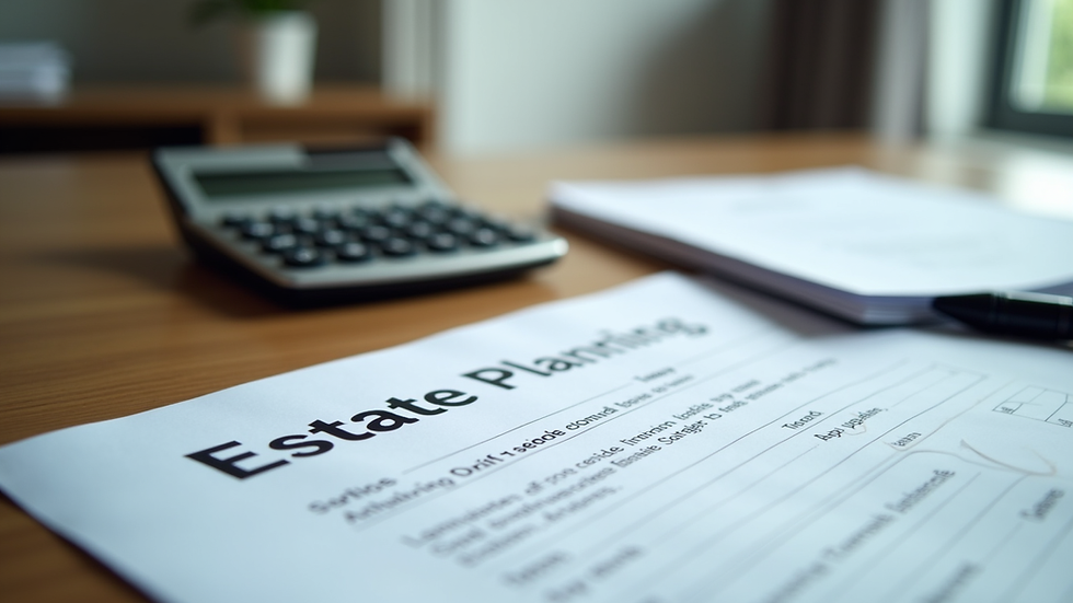 Eye-level view of a neat desk with estate planning documents and a calculator
