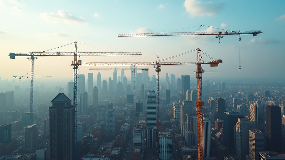 High angle view of a city skyline with multiple cranes and ongoing construction