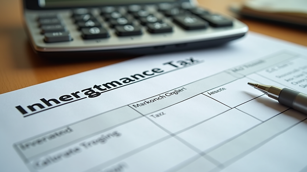 Close-up view of a calculator and inheritance tax forms on a wooden table