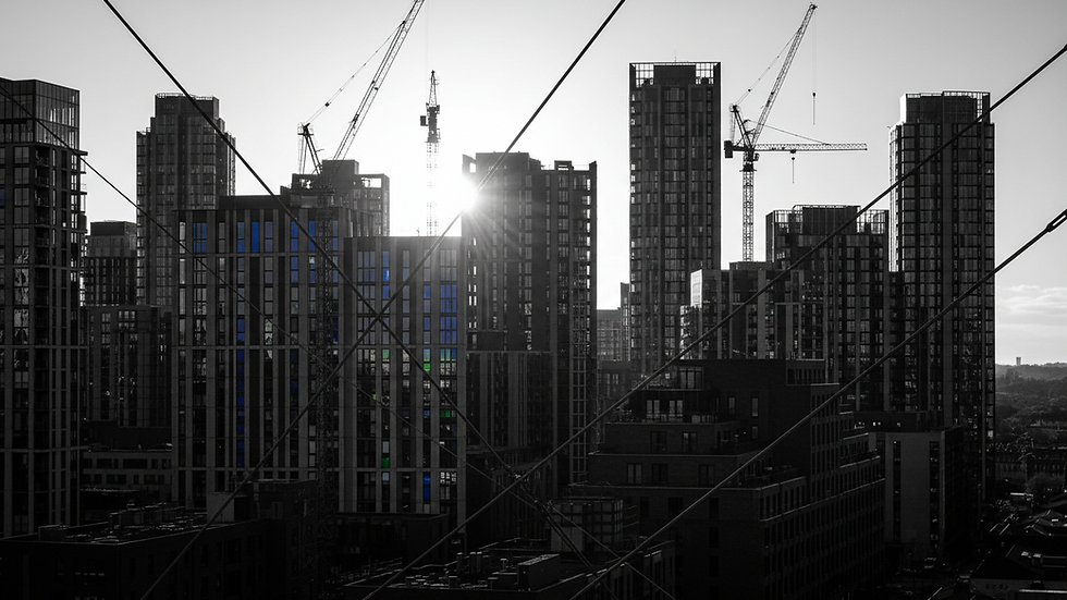 Eye-level view of a modern UK city skyline with residential buildings