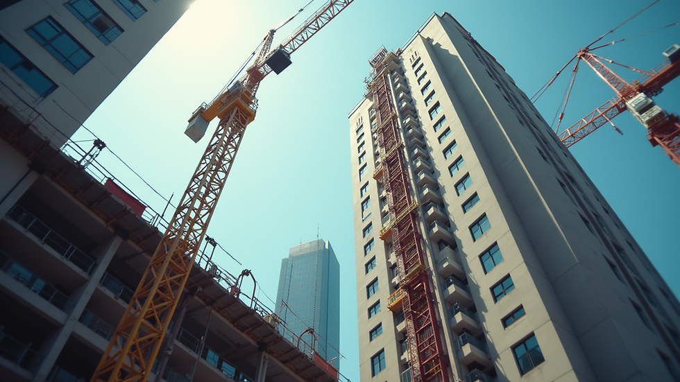 Eye-level view of a modern construction site with cranes and scaffolding
