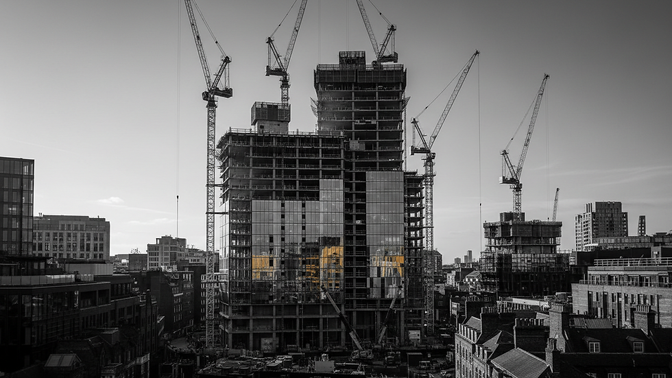 Eye-level view of a commercial office building under construction