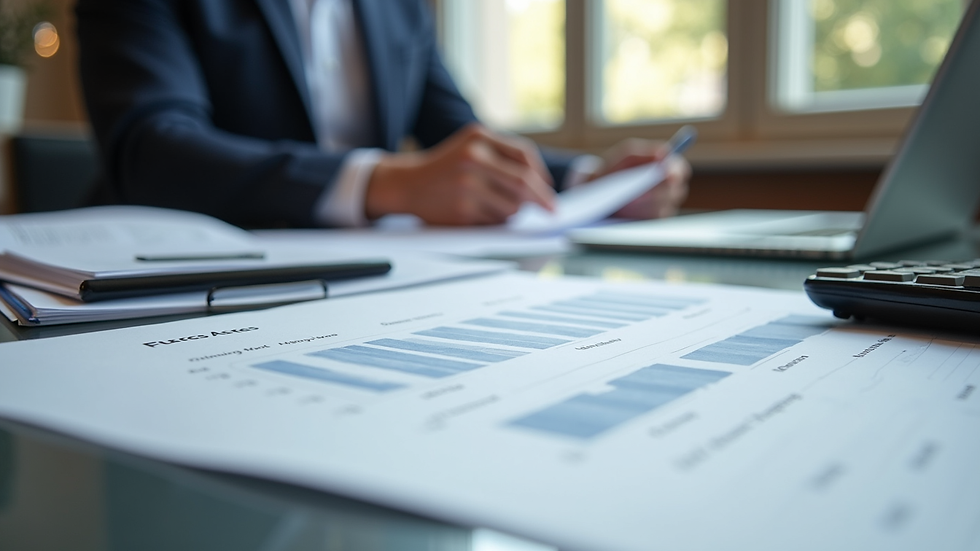 Close-up view of a financial advisor’s desk with paperwork and calculator