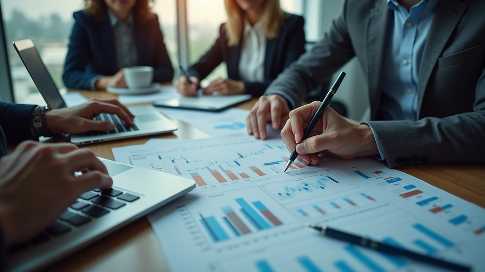 High angle view of a business meeting with financial charts and laptops