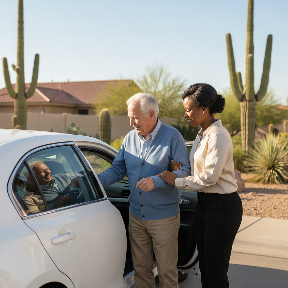 Woman helping senior man with private transportation for elderly.