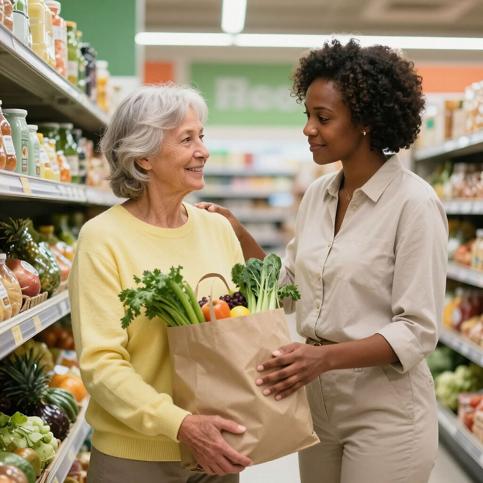 Caregiver assisting senior with groceries in store.