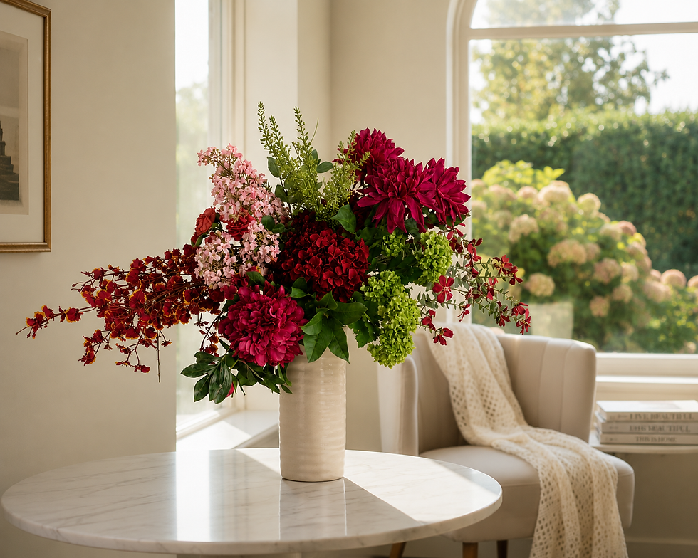 Vue rapprochée d'une composition florale élégante avec des fleurs artificielles de haute qualité