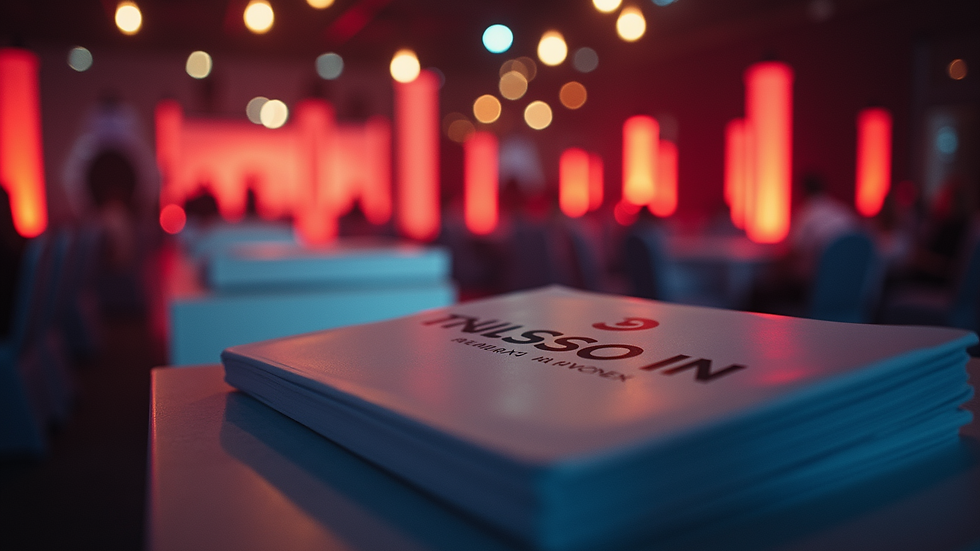 Close-up view of event setup with branded signage and lighting