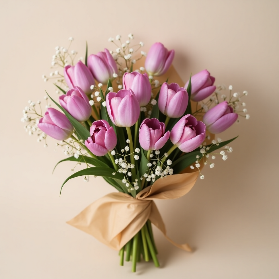 A bouquet of 10 lilac Holland tulips with baby’s breath, wrapped in beige kraft paper and tied with a soft ribbon, styled against a neutral background.