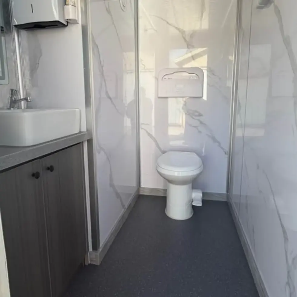 Thumbnail: Modern Marble 2-Station Portable Restroom Trailer - Elegant Mobile Bathroom