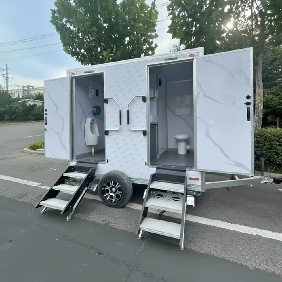 Thumbnail: Modern Marble 2-Station Portable Restroom Trailer - Elegant Mobile Bathroom