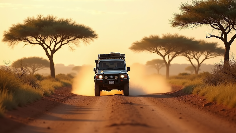 Wide angle view of safari vehicle on dusty road with acacia trees