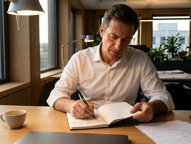 Un uomo di mezza età con una camicia bianca a maniche arrotolate è seduto a una scrivania in un ufficio moderno e luminoso al crepuscolo. È concentrato mentre scrive con una penna nera su un taccuino aperto. Sulla scrivania di legno ci sono una tazza di ceramica mezza piena, un laptop chiuso, fogli sparsi con appunti, uno smartphone capovolto e una lampada da scrivania accesa che illumina la scena. Dalla grande finestra si vedono edifici urbani.
