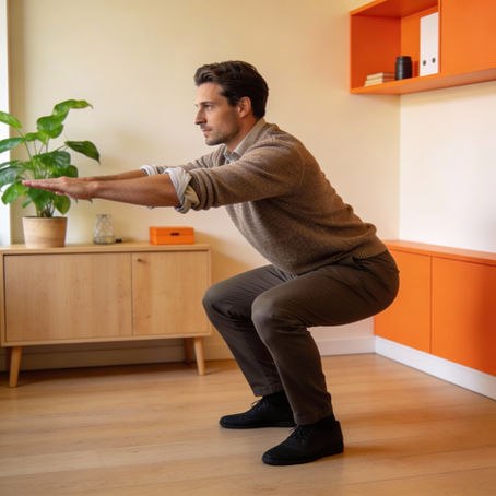 Manager in home office che esegue uno squat a corpo libero su pavimento in legno, con braccia tese in avanti, di fronte a mobile in legno chiaro con pianta verde sullo sfondo.