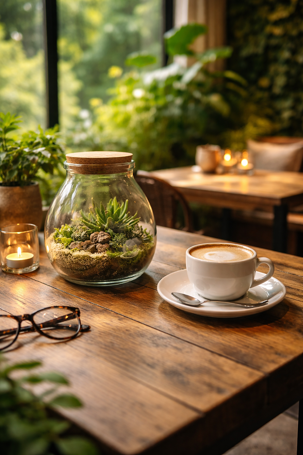 숲속 테이블에서 마시는 커피 한 잔