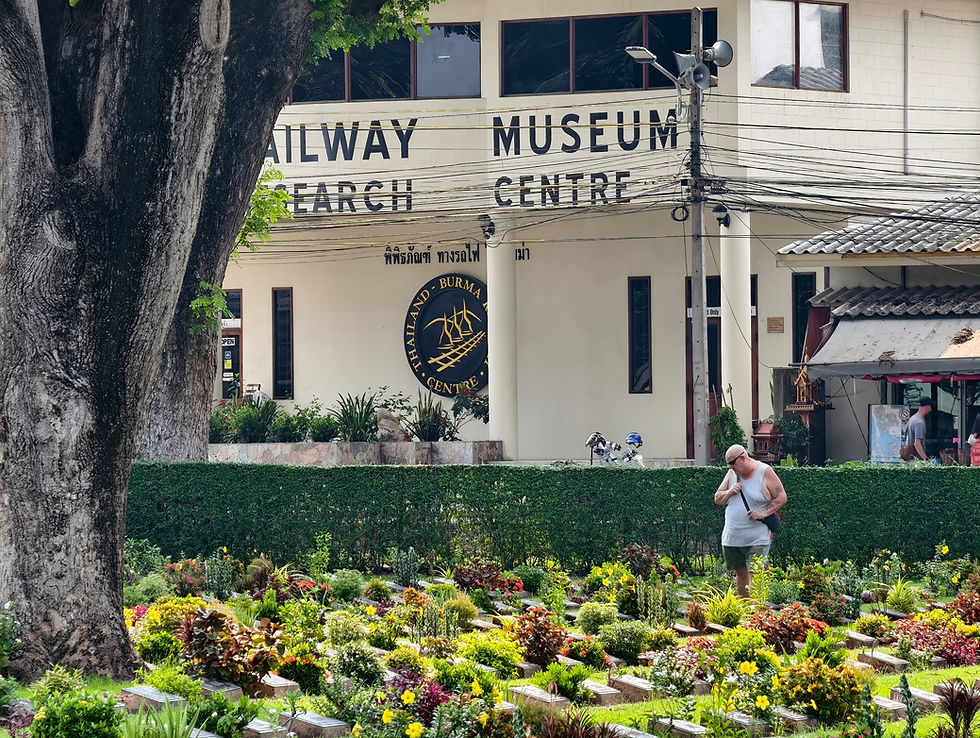 A person walks through a colorful garden near a "Railway Museum Centre" building. Large tree and building logo visible in the background.